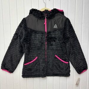 Reebok Black‎ and Pink lightweight Fuzzy Full zip Hoodie jacket coat size 7-8 Y